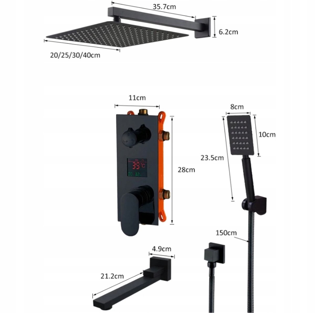 Zwarte Mat Doucheset Inbouw met 40cm regendouche & Uitloop
