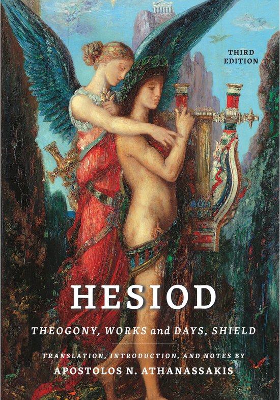 Boekomslag met derde editie van Hesiod, Theogony, Works and Days, Shield. Gevleugelde figuur omhelst man met lier.