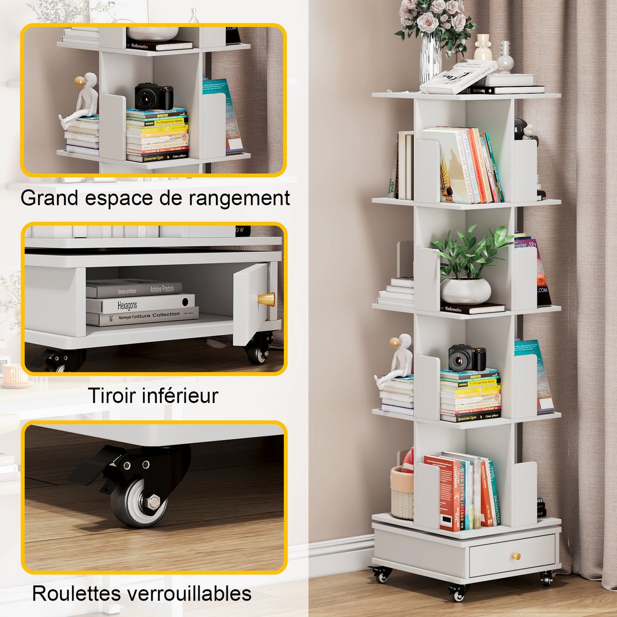 Bookshelf - Four-tier rotating bookshelf - with one drawer - wooden bookshelf - with locking wheels - suitable for living room, bedroom, study - white