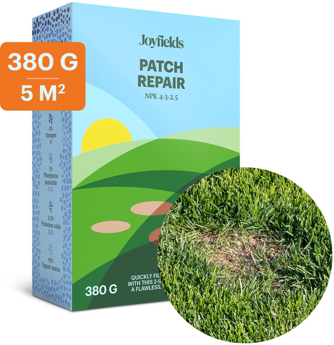 Joyfields Patch Repair - Graszaad en meststof in één - 380 gram voor 5 m² - Herstelt razendsnel kale plekken - Met vochtabsorberende coating