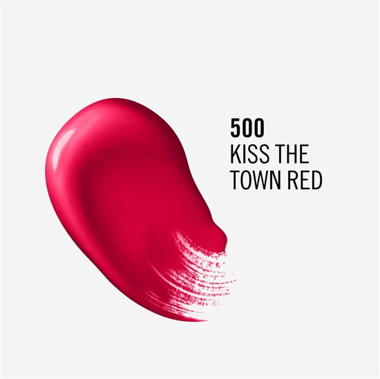 Glanzende, felrode lipstick swatch met de tekst "500 KISS THE TOWN RED".
