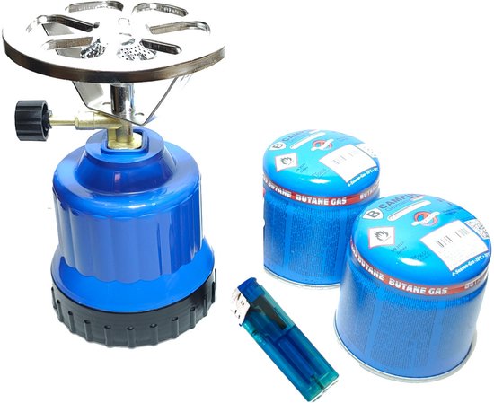 Camping kookstel gasbrander 1 pits blauw incl 2 gas navullingen 190gr & klik aansteker