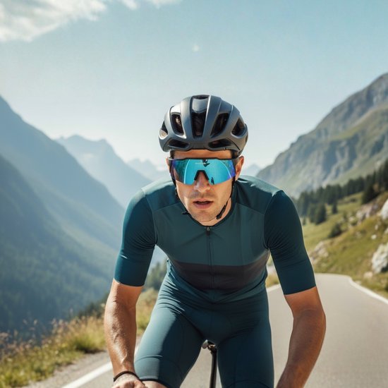 Man in blauw Kapvoe sportbril met blauwe glazen, fietst op een bergweg.