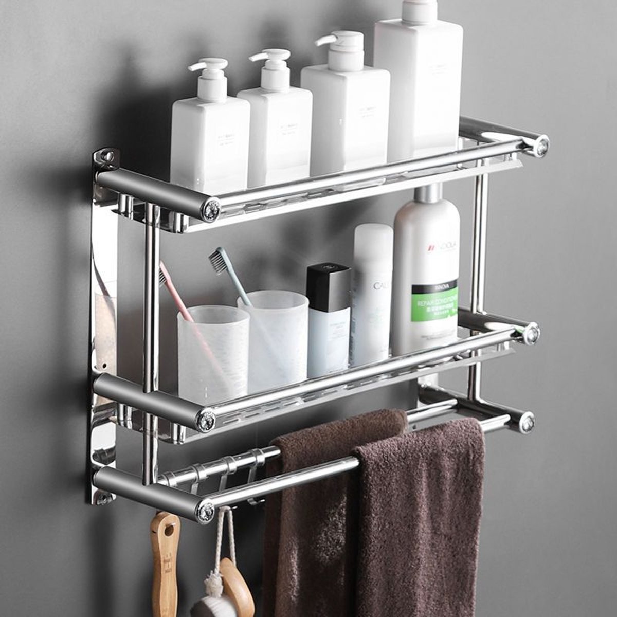 CHIWIN Badkamer Opbergrek - 60 cm Douche Rek - Sieraden Muur Opbergplank - Inclusief Handdoekenrek en 5 Haken - Ruimtebesparend Ontwerp voor Douche, Slaapkamer, Woonkamer en Keuken - Boorvrij of Met Boren - 60 x 15 x 38 cm