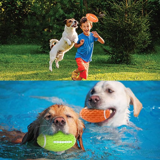 Bovenste afbeelding: een jongen en een hond die buiten een oranje bal vangen. Onderste afbeelding: twee honden in een zwembad met groene en oranje ballen in hun bek.