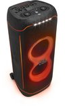 Zwarte JBL PartyBox Ultimate met oranje accenten en lichtshow, met waterdruppels.