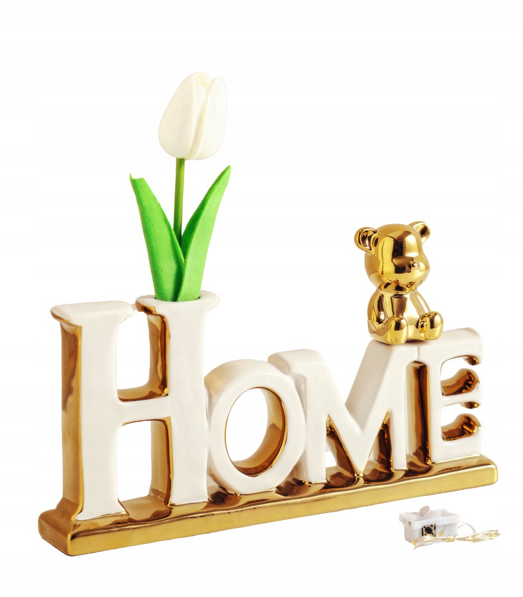 Porseleinen HOME Vaas met LED Bloem & Gouden Beer - Luxe Decoratie