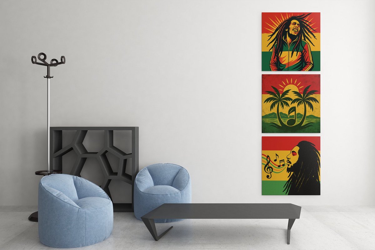Trendex Global Drieluik Canvas Schilderij – Reggae Vibes in Rasta Kleuren - 3x60x60 cm Kleurrijk