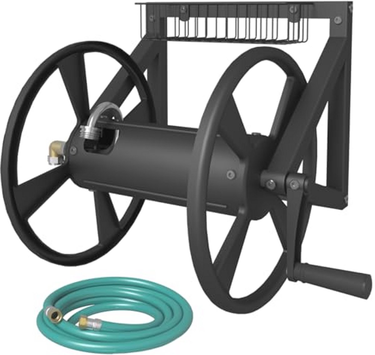 Driehoekige Wandgemonteerde Tuinslanghaspel - Heavy Duty Slanghouder voor Buiten - Met 1,2 m Leiderslang en Opbergmand