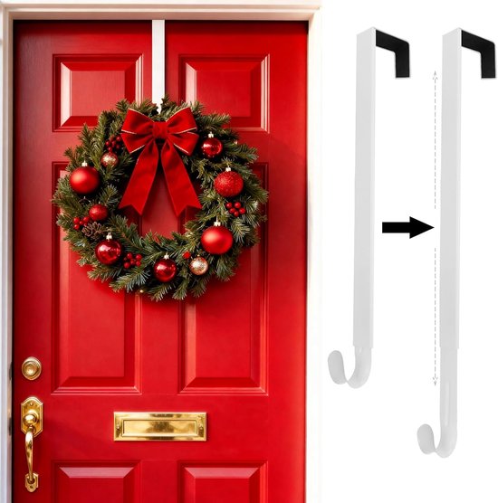 Twee witte verstelbare kranshangers, een witte hanger met een rode kerstkrans aan een rode deur, de andere hanger op witte achtergrond.