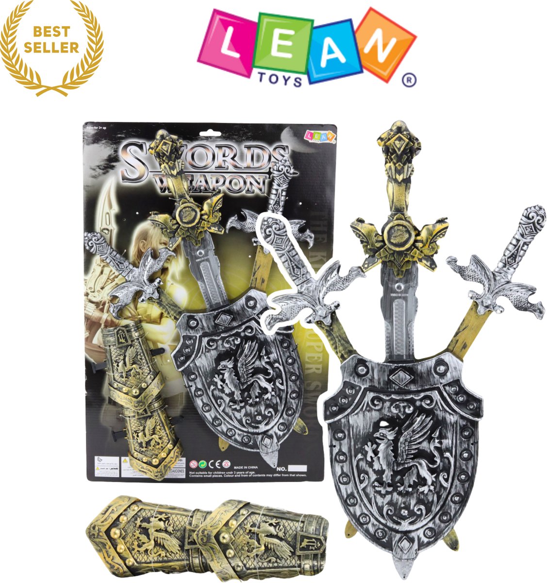 Knight Set 3 Swords Shield – Ridder Speelgoed met 3 Zwaarden, Schild & Beschermers – Realistische Middeleeuwse Decoraties – Duurzaam & Lichtgewicht Kunststof – Ontwikkelt Fantasie, Coördinatie & Vaardigheden – Voor Kinderen vanaf 3 Jaar – Met Ebook