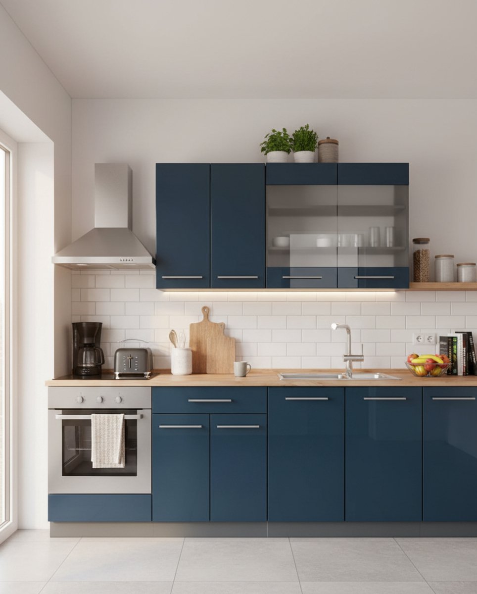 Singlekeuken 140 cm, Donkerblauw Hoogglans / Antraciet met AP Eiken Werkblad, Modern Keukenblok met Soft-Close Laden en MDF Fronten, Incl. Montagehandleiding – Novihome
