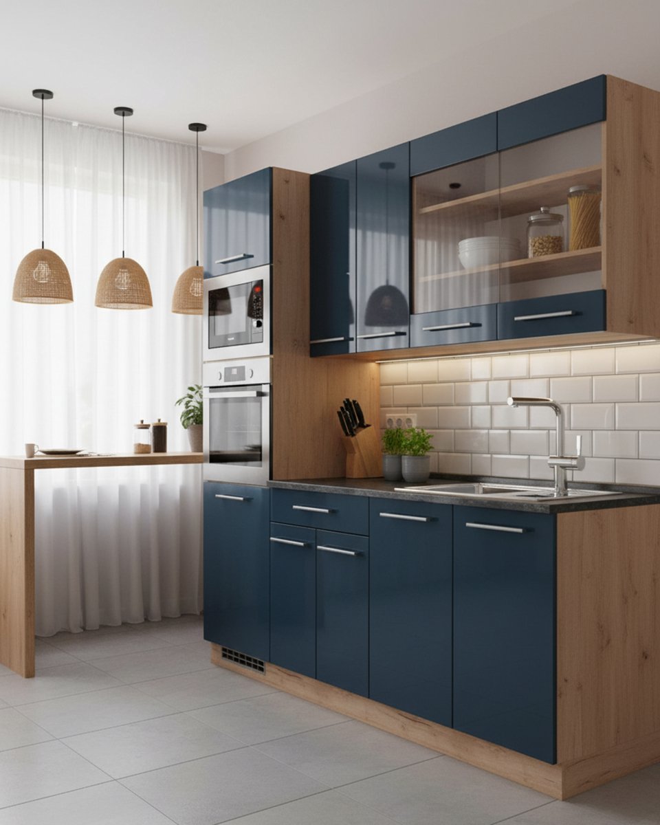 Singlekeuken 140 cm, Donkerblauw Hoogglans / Goldkraft Eiken, AP Antraciet, Moderne Vloerkeuken met MDF Fronten en Werkblad – Novihome