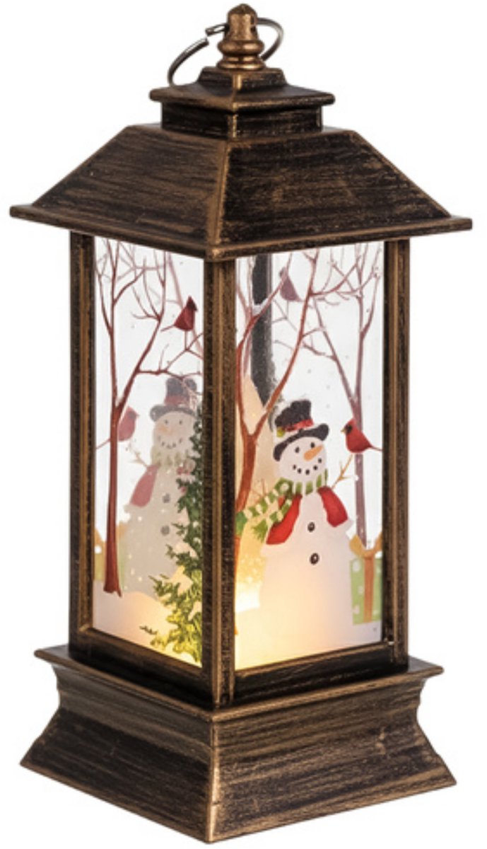 Ruhhy Koperen LED kerstlantaarn met sneeuwpopmotief en warm licht 12,5 cm