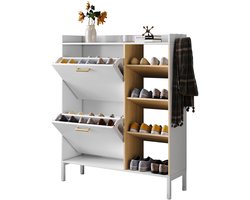 Shoe rack - Double flip-top shoe rack - Narrow wooden shoe rack - With 2 flip-tops and 2 hooks - Anti-tipping device - Space-saving - Suitable for entryway shoe rack90x80x24cm