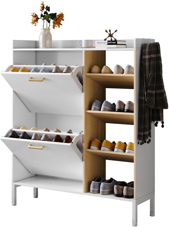 Meuble à chaussures étroit en bois avec 2 rabats et 2 crochets - Anti-basculement, Rack à chaussures gain de place pour entrée