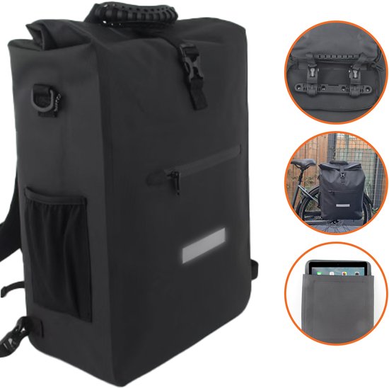 Rivdo® Waterdichte Fietstas - Fietstassen Electrische fietsen- Fietstas Enkel - 28L Rolltop met 16" Laptopvak – Zwart - Fietszak - Elektrische fiets