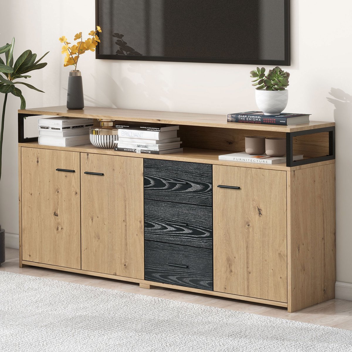 MODFU Industrieel dressoir 150x35x75.9 cm met 3 deuren en 3 lades, opbergkast met metalen handgrepen voor woonkamer, slaapkamer of kantoor Zwartbruin