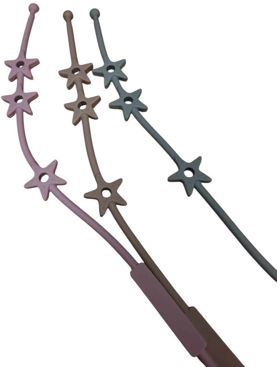Verstelbare bandjes - Ketting - Koord - Silicone - rekbare veiligheidsriempjes voor speelgoed - Aan de kinderwagen - Kinderstoel - Autostoel - Anti weggooi - Bekercatcher - Baby - 50cm - Ster - Set van drie bandjes - Rose Beige en Groen van Merkloos / Sans marque