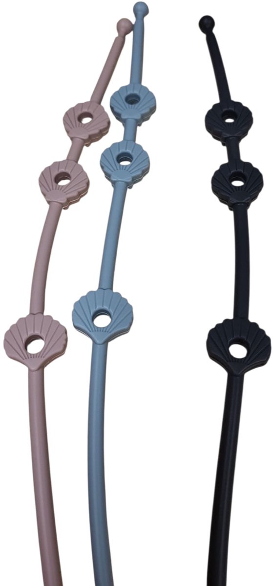 Verstelbare bandjes - Ketting - Koord - Silicone - rekbare veiligheidsriempjes voor speelgoed - Aan de kinderwagen - Kinderstoel - Autostoel - Anti weggooi - Bekercatcher - Baby - 50cm - Schelp - Set van drie bandjes - Rose Blauw en Donker Grijs van Merkloos / Sans marque