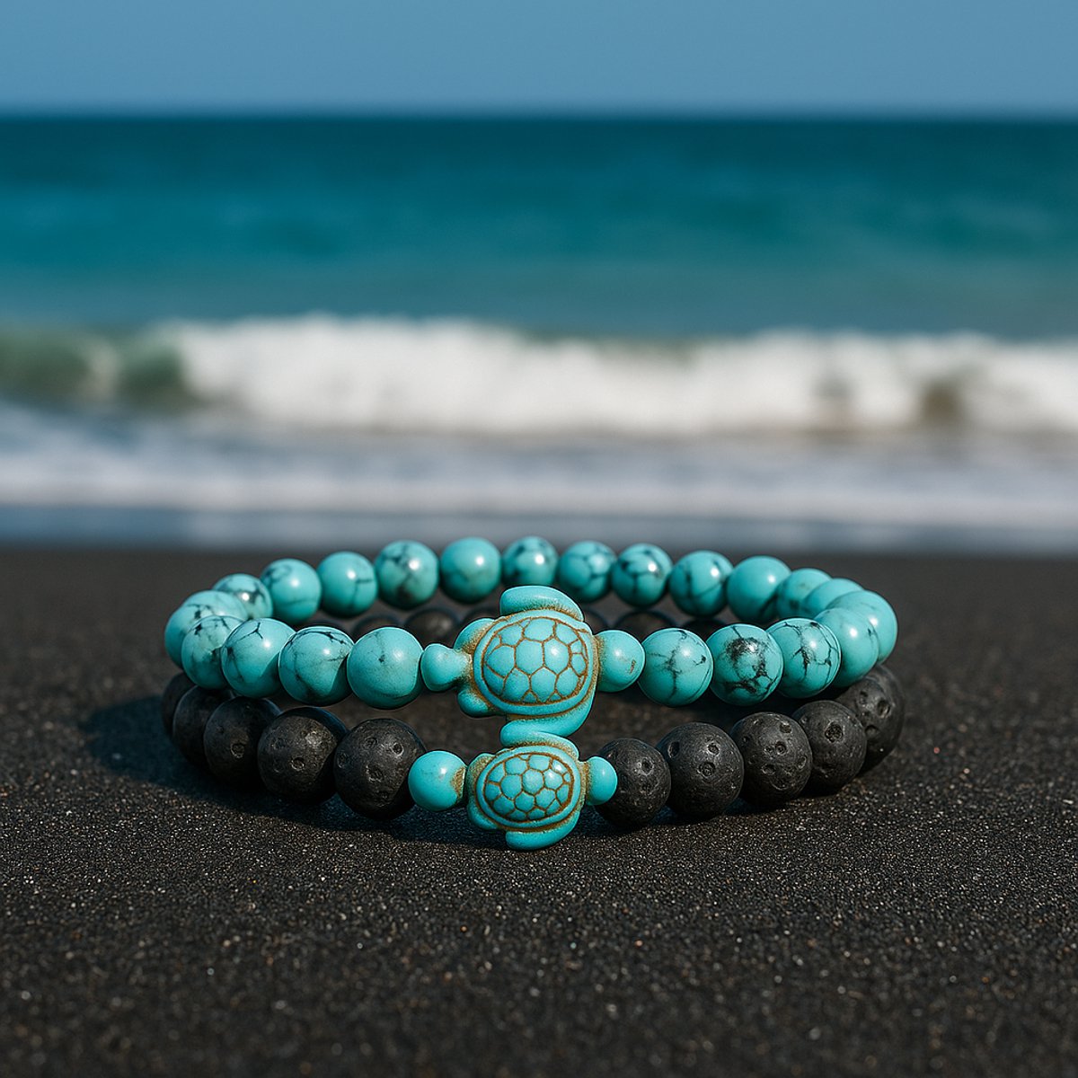 S4H - Turquoise & Lava Armband Set met Schildpad – Edelsteen Armbanden Heren & Dames – Spirituele Armband Balans & Bescherming – Natuursteen – Sieraden met Betekenis