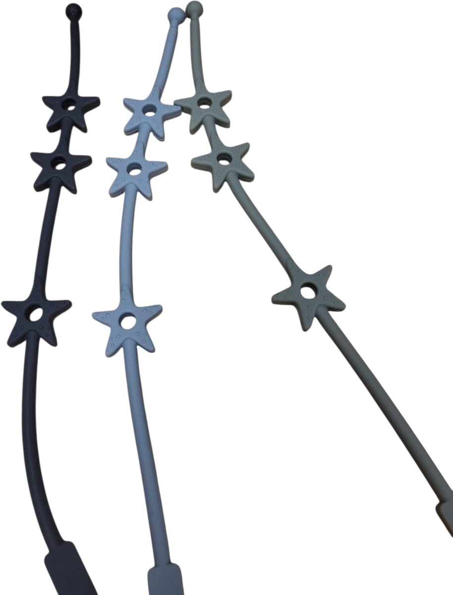 Verstelbare bandjes - Ketting - Koord - Silicone - rekbare veiligheidsriempjes voor speelgoed - Aan de kinderwagen - Kinderstoel - Autostoel - Anti weggooi - Bekercatcher - Baby - 50cm - Ster - Set van drie bandjes - Donker Grijs Blauw en Groen van Merkloos / Sans marque