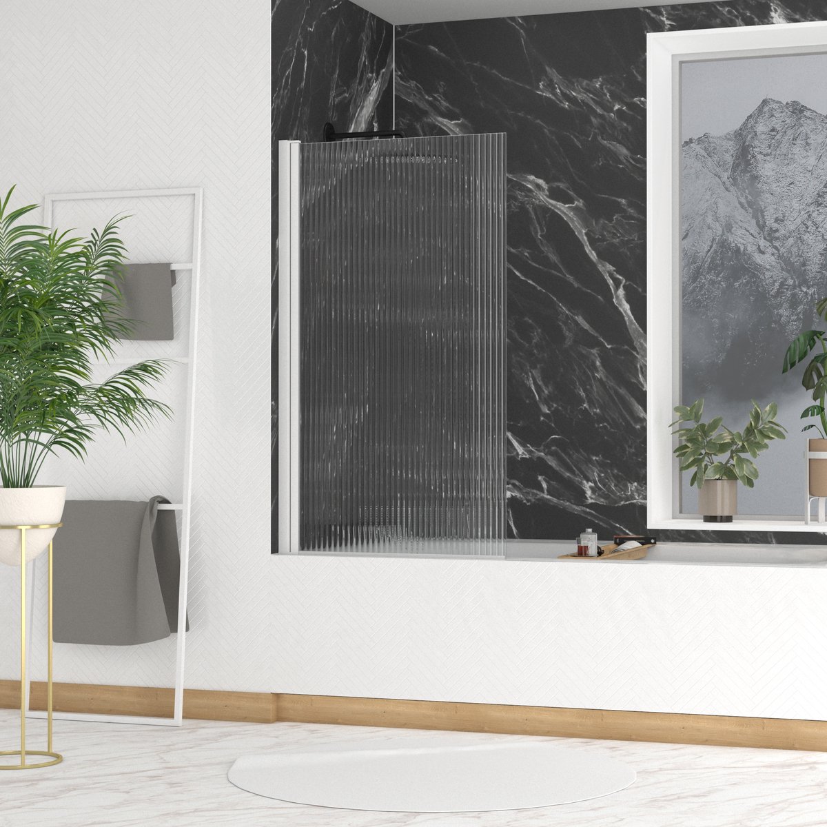 Pare baignoire Rabattable 80x140cm - Profilé Blanc - Verre Trempé Ondulé 5mm - WAVY