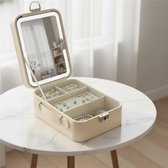 OMNIEXA Sieradendoos met LED-spiegel –Juwelendoos - compact – 3 lichtkleuren - Dimbaar – Compacte LED Beauty Case - wit
