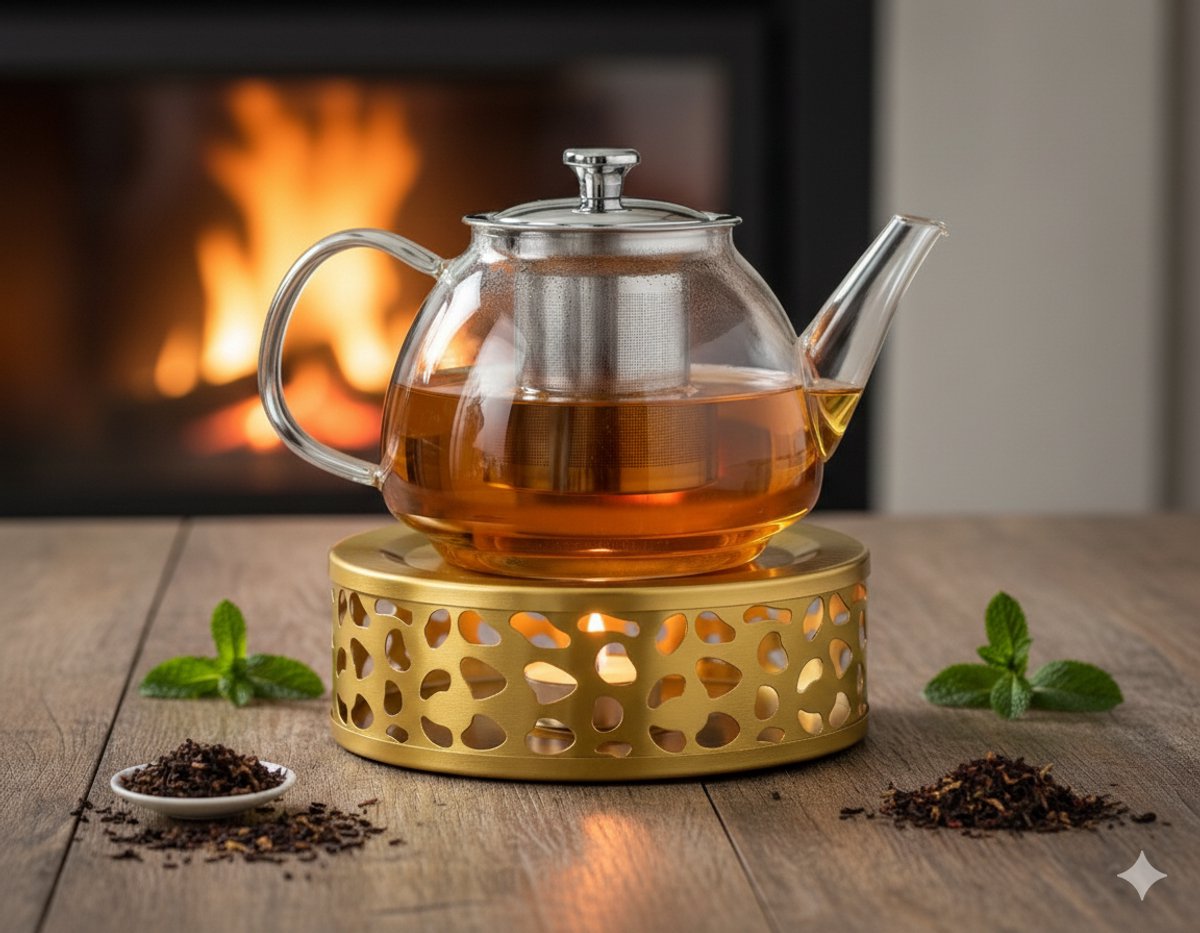 Vaja Glazen Theepot Fay 1 .4 Liter met Filter en Warmhouder - Theepot Glas voor Losse Thee en Theebloemen - Tea Maker - Theelicht houder voor Theekan met Zeef - Infuser - Warmer - Goud — cadeau in Koken & Dineren - foto 4