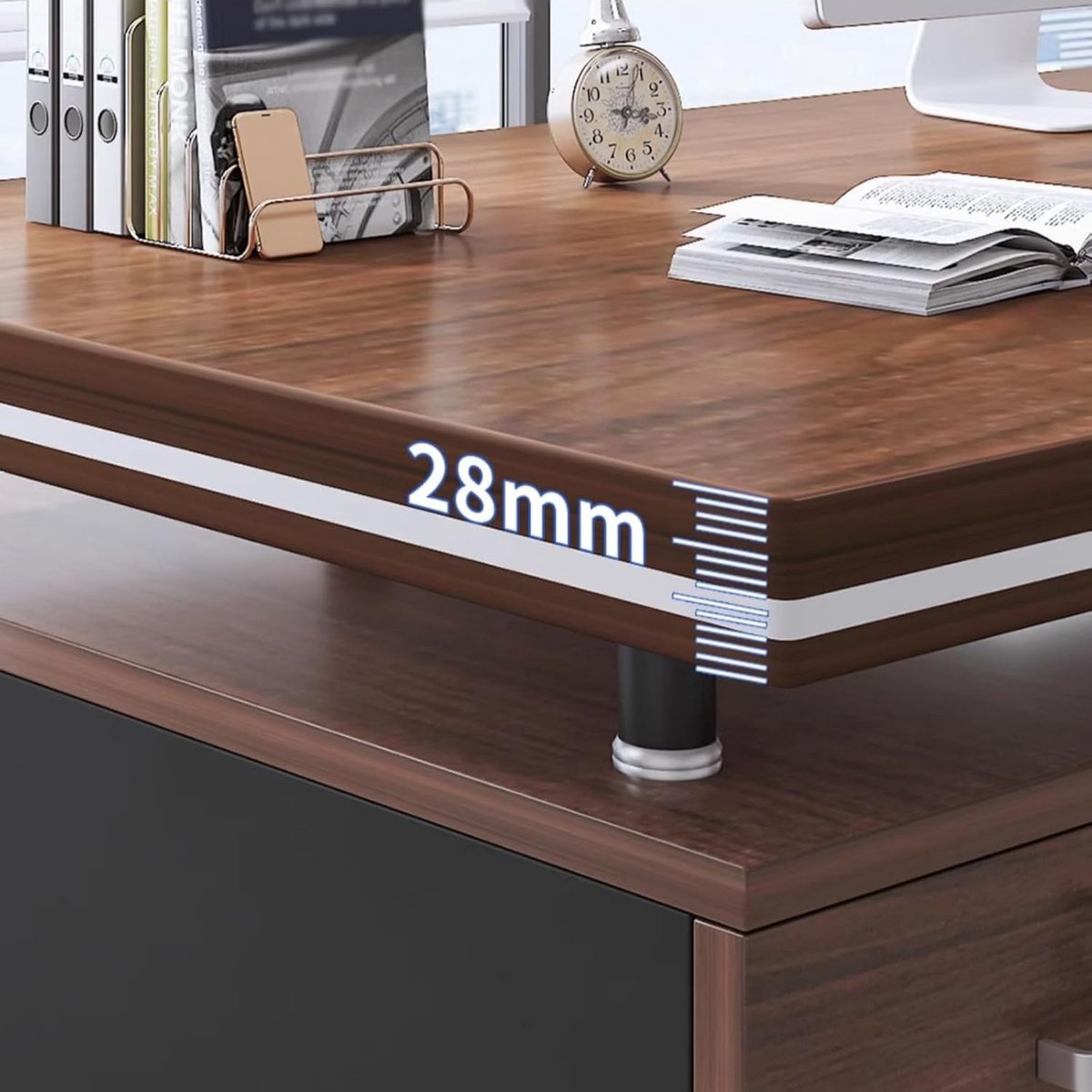 Ontdek het Elegant Massief Eiken Directiebureau met 3 Lades en Opbergkast 120x60x77cm, een stijlvol en multifunctioneel bureau van Novihome, ontworpen voor zowel professioneel gebruik als thuiswerk. Dit rustieke bureau combineert klassiek design, hoo