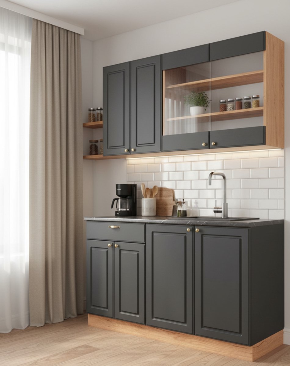Single Keukenblok 140x60x82 cm – Moderne Antraciet Landhuiskeuken met Werkblad in Goldkraft Eiken – Compacte Eenpersoonskeuken met Soft-Close Laden & Verstelbare Poten – Novihome