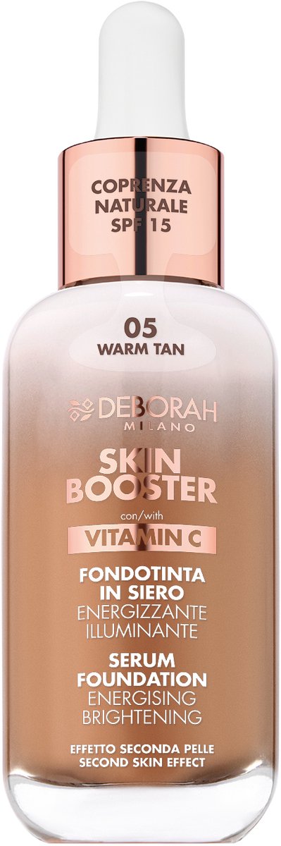 Deborah Milano Skin Booster Serum Foundation 05 Warm Tan – Ultralichte Vloeibare Foundation Met Natuurlijke “Second Skin” Finish - Met vitamine C - Egaliseert Teint En Hydraterend - Met SPF‑Bescherming - Perfect Voor Een Natuurlijke Make‑Up Look