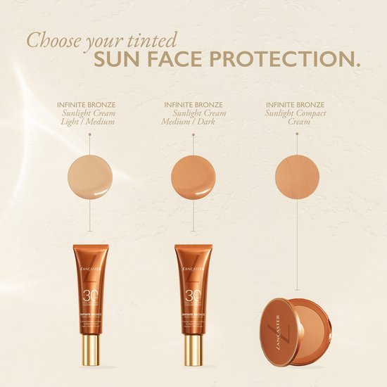Drie Lancasters Infinite Bronze producten: getinte zonnebrandcrème licht/medium, medium/dark en compact poeder.