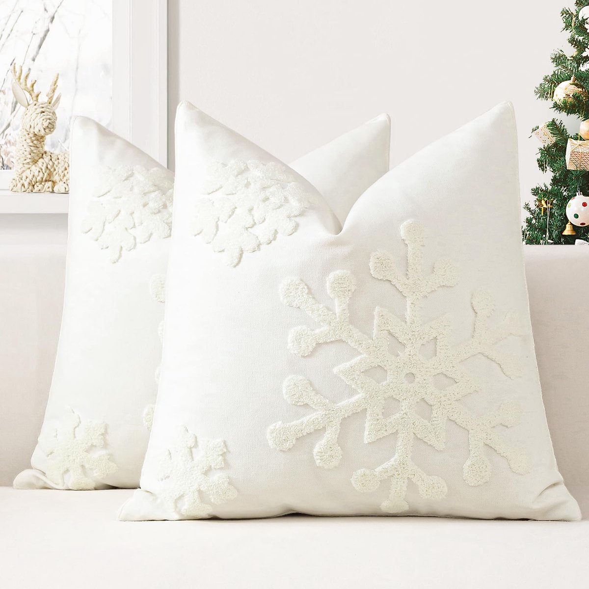 Unyqoos Set van 2 decoratieve kussenslopen met winterse sneeuwvlok voor huisdecoratie Wit