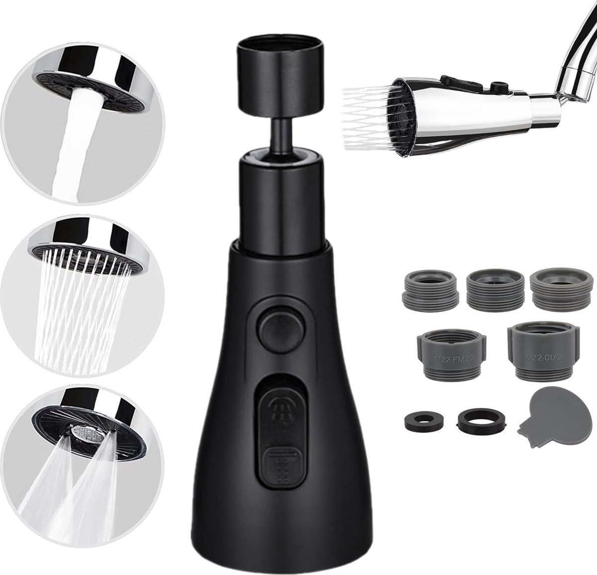 keukenkraan opzetstuk -Kraan Filter - Kraan Opzetstuk - Waterbesparende Kraankop - Krachtige Kraankop - Roterende Sproeikop - Kalkaanslagfilter- 360 graden keukenkraan-keukenkraan met 3 modi en uitloop