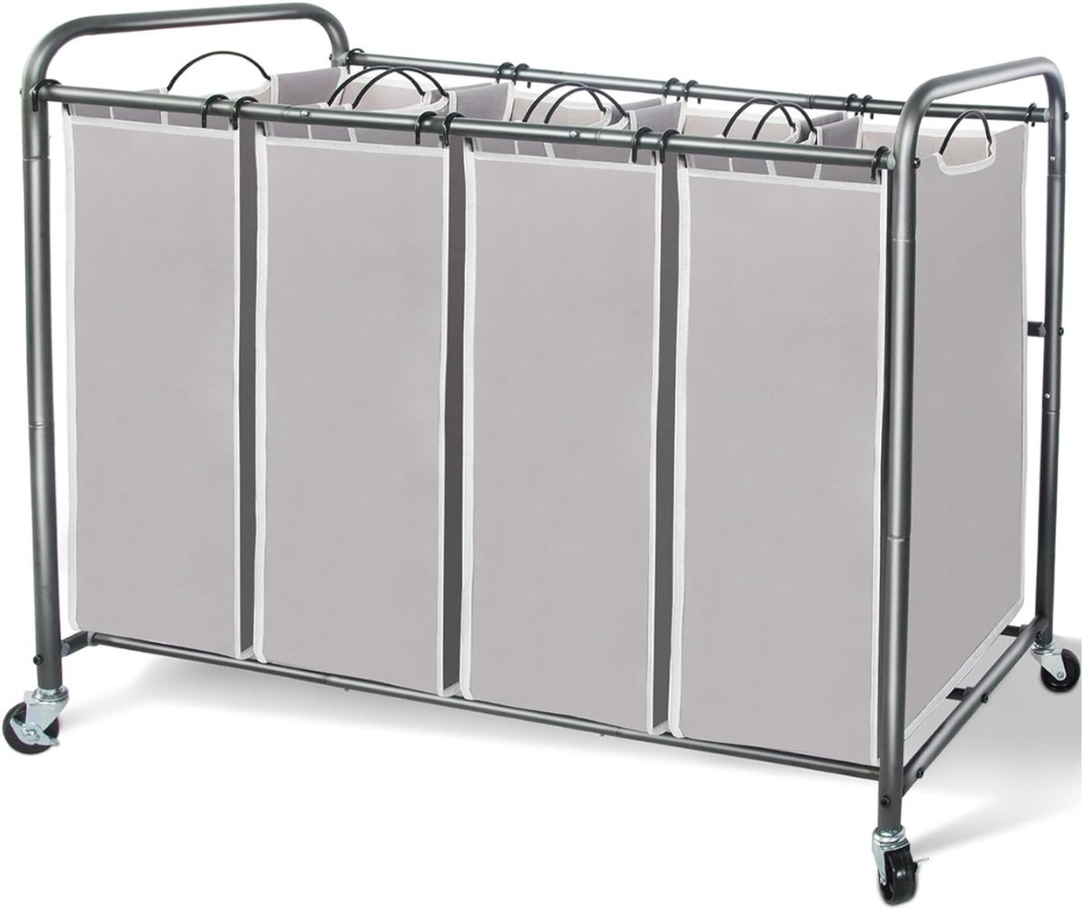 VIN® Wassorteerder 4 vakken - Wasmand 4 vakken - Wasmand Op Wieltjes – Wassorteerder Met Verwijderbare Manden - Dubbele wasmand - Duo Wasmand – Wasmanden - Grijs