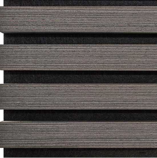 Textuur van akoestische panelen met horizontale grijze houten lamellen over zwarte stof.