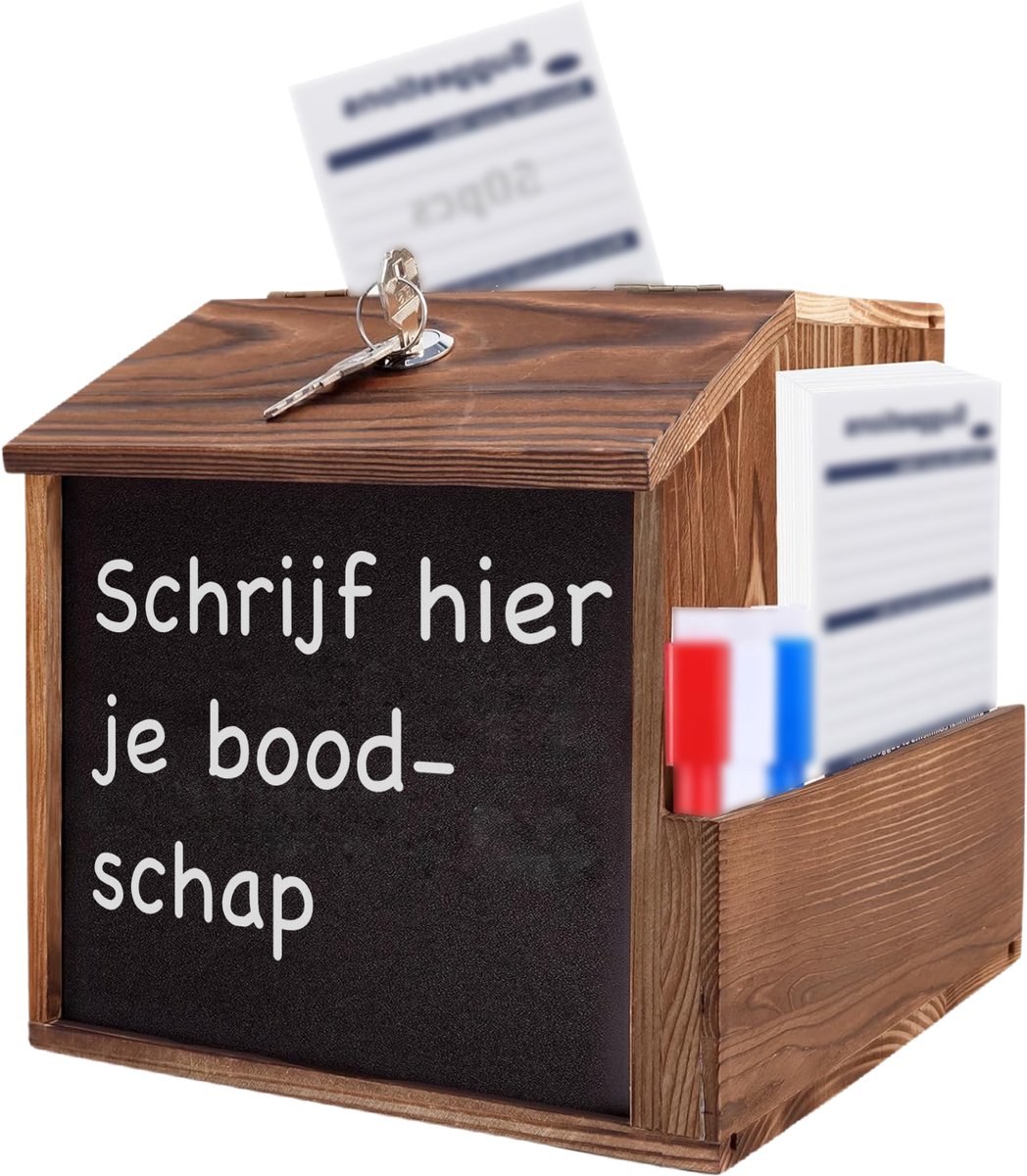 Somstyle Houten Donatiebox - Inzamelbox met Sleutelslot - Fooienpot - Ideeënbus met Wandmontage - Stembus - Bruin