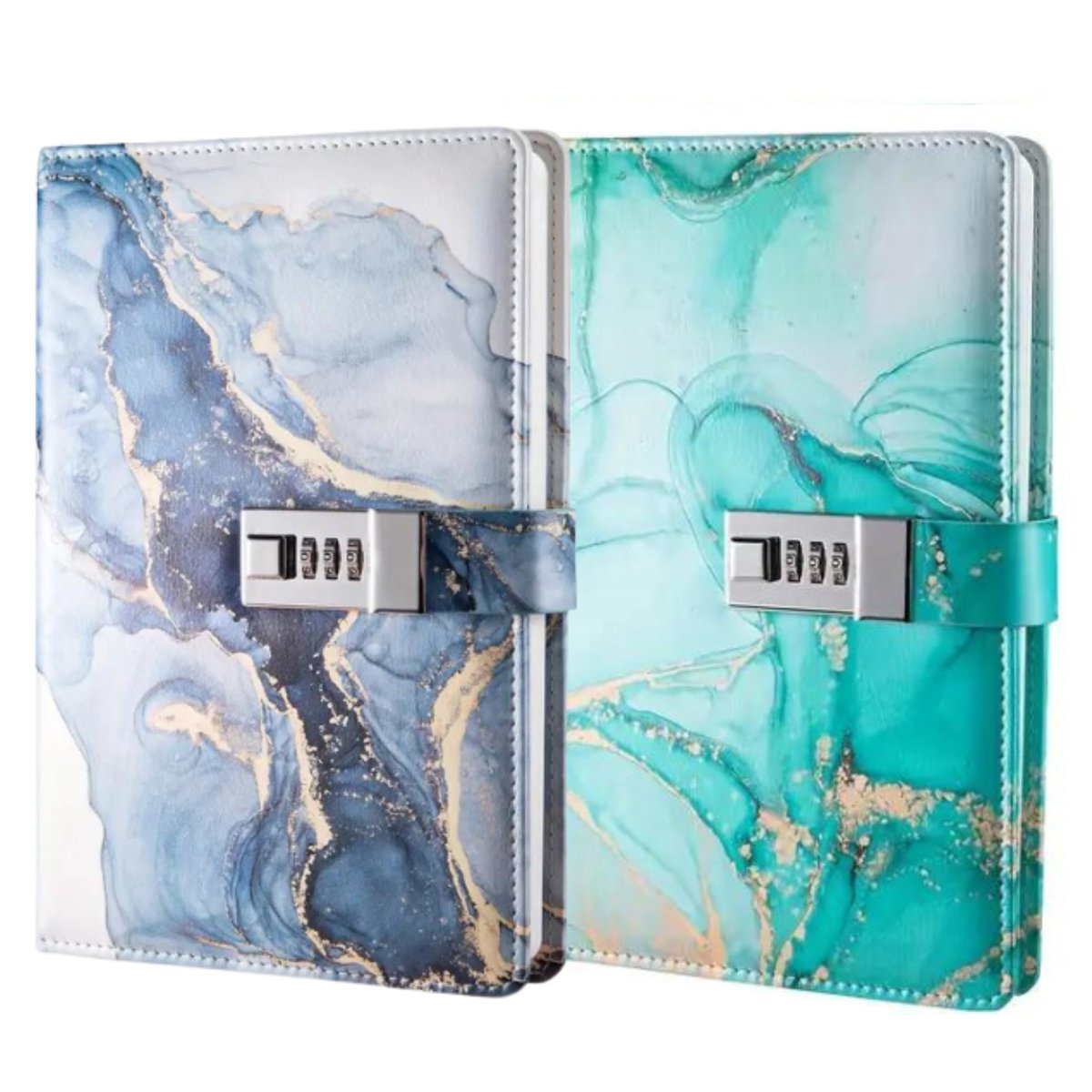 Dagboek met Slot combi - A5 - Marmerlook Blauw / Goud + Groen / Goud - Leer - Notitieboek - Notebook - Cadeau tip - Cijferslot (adviesprijs €52,-)