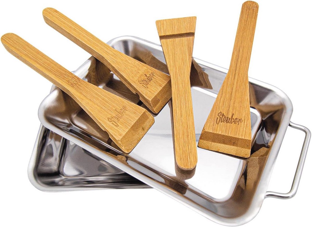 Set van 2 RVS Grillpannen met Houten Schrapers - 18 x 12.5 x 2 cm
