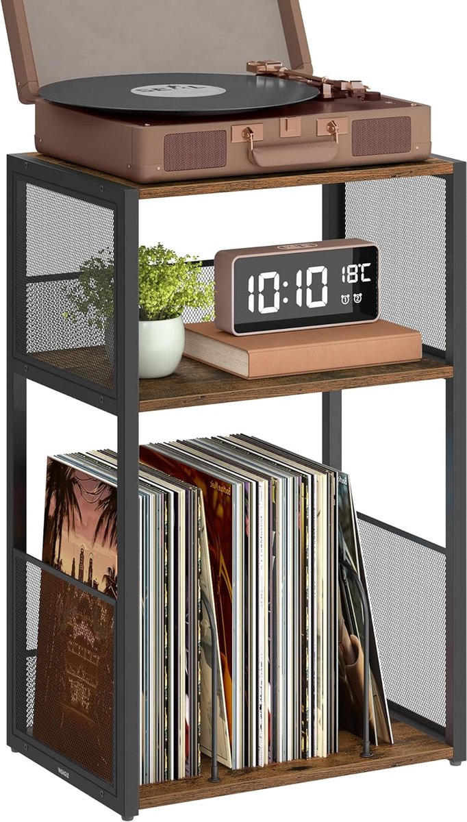 VASAGLE Platenspelerstandaard, bijzettafel met 3 niveaus, vinyl platenopslag tot 100 albums, bijzettafel voor woonkamer, slaapkamer, rustiek bruin LET275K01