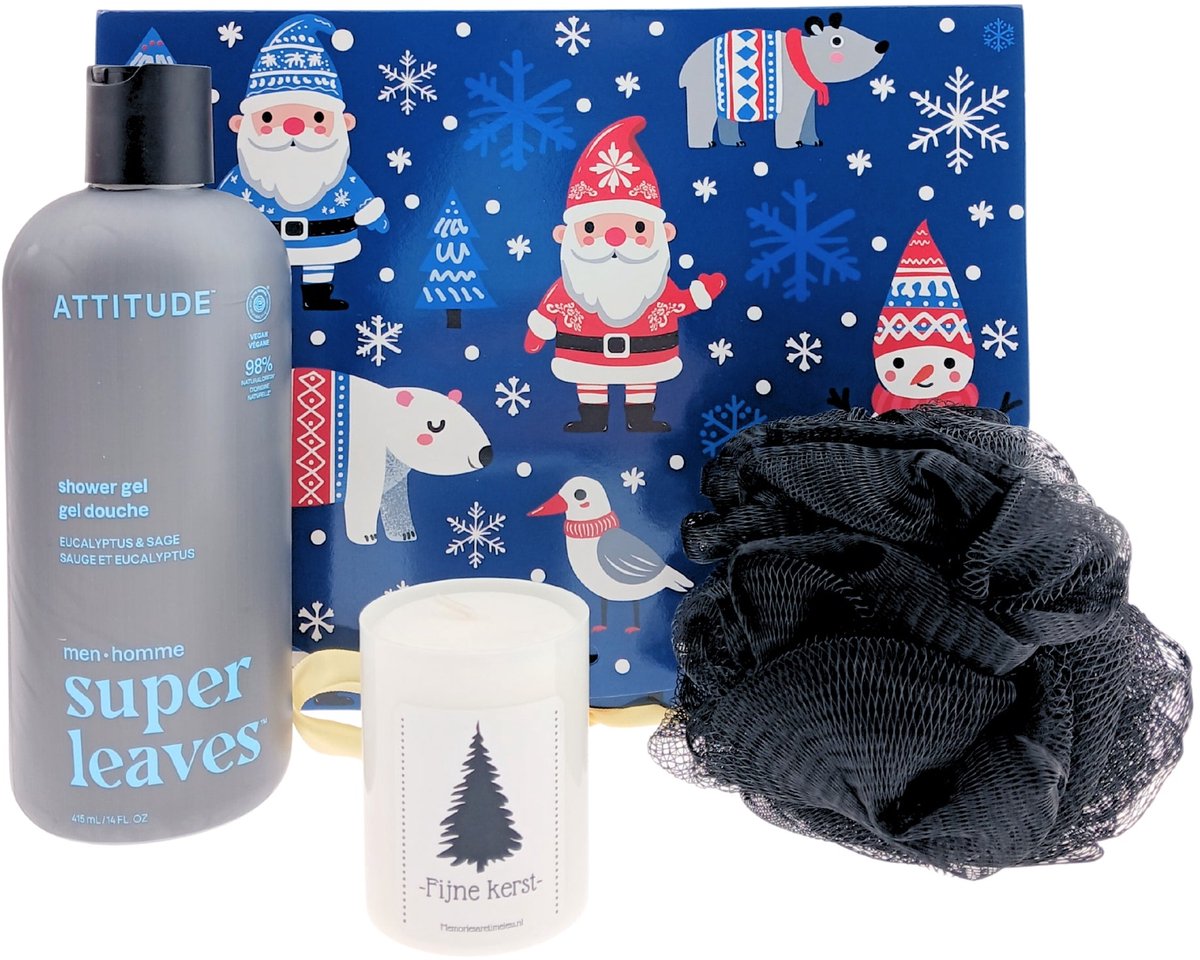 Attitude Men Kerst Cadeauset – 3-delig – Shower Gel + Kerstkaars + Puff – Cadeau voor hem