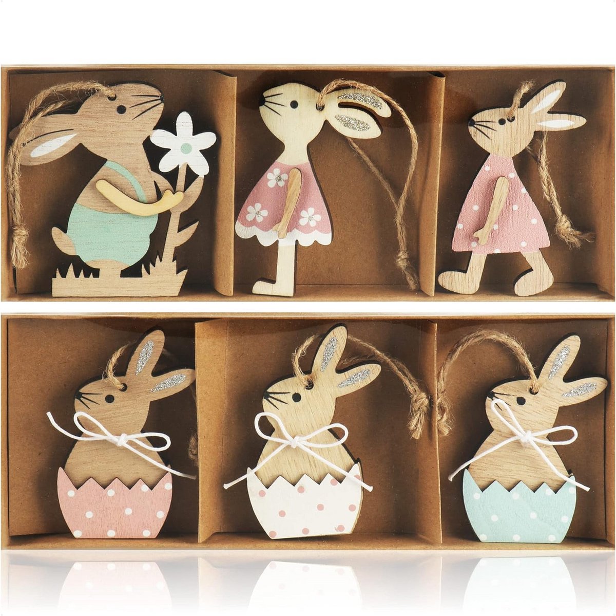 6x Houten Paasdecoratie Hangertjes Konijn - Hangen in Paasboeket of Takken