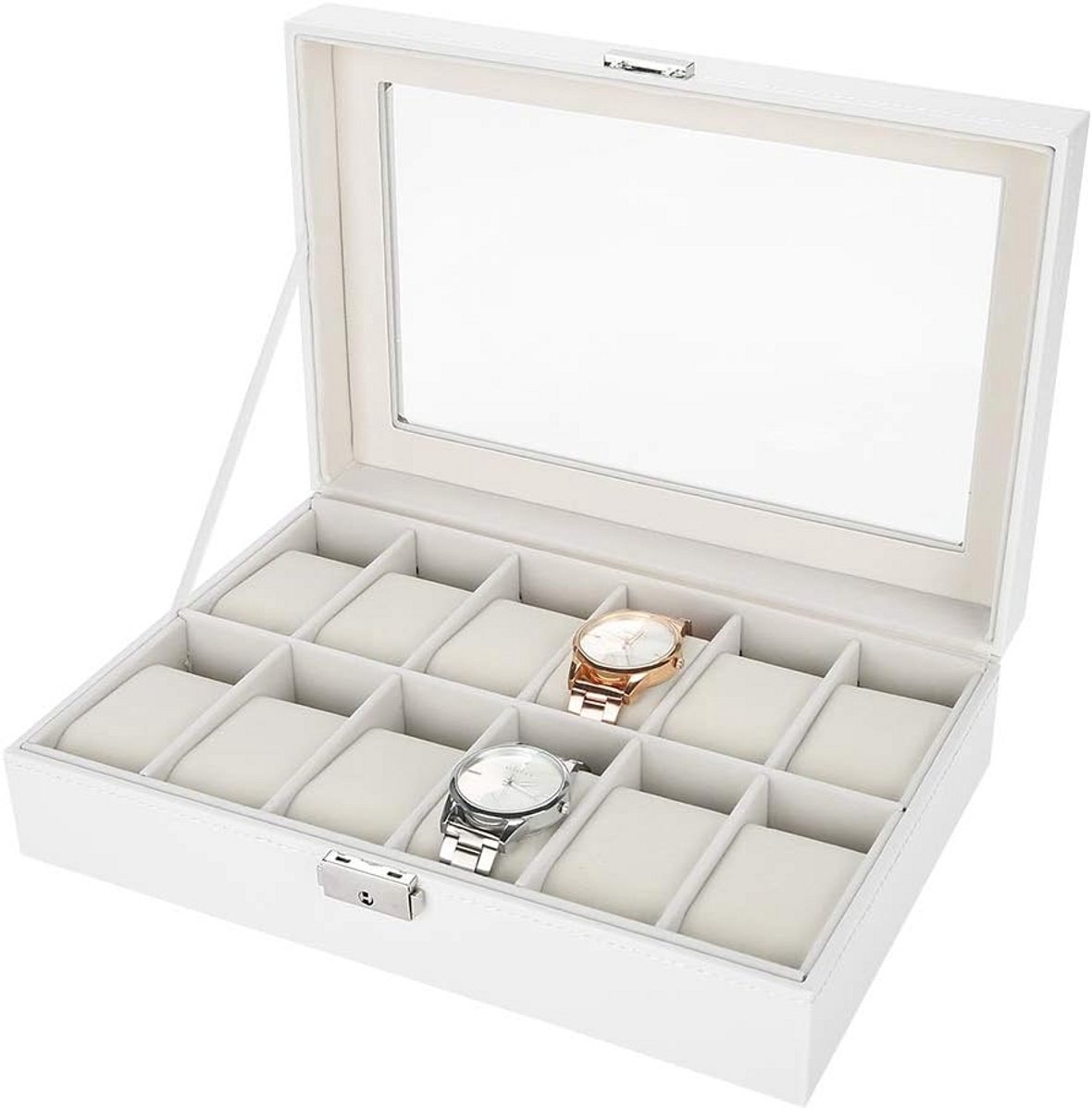 Premium horlogebewaring met 12 vakken en glazen deksel voor heren en dames