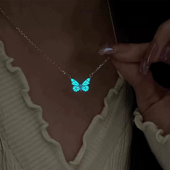 Lichtgevende Vlinder Set voor Vrouwen - Ketting, Glow in the Dark, Vintage Stijl, Perfect als Cadeau voor Kerst, Nieuwjaar en Feest van Merkloos — afbeelding 2