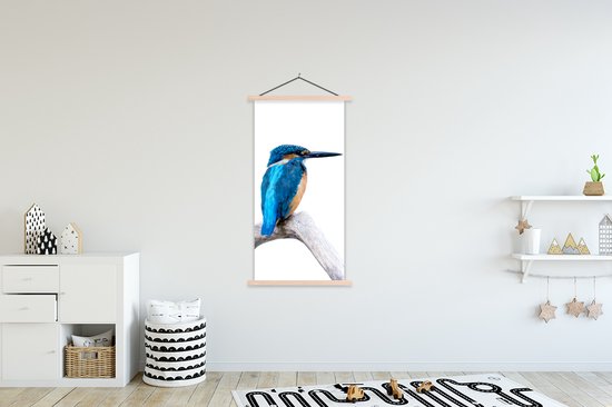 Posterhanger incl. Poster 90x180 cm - Schoolplaat - IJsvogel - Tak - Snavel - Textielposter - Blanke latten