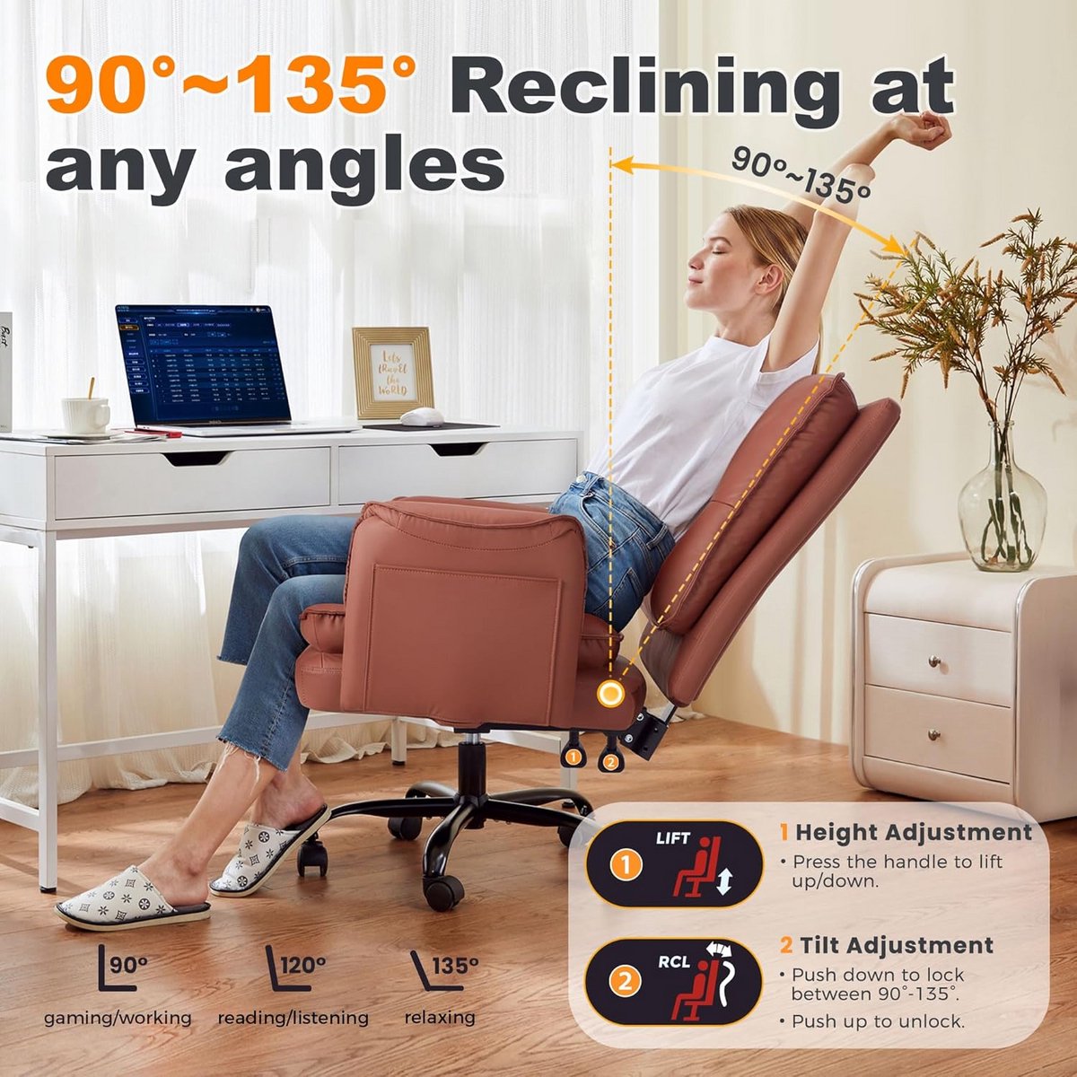 Ergonomische Bureaustoel - Comfortabele Stoel - Thuiswerken Kantoor - Verstelbare Rugleuning - Tot 227 kg - Bruin thumbnail 4