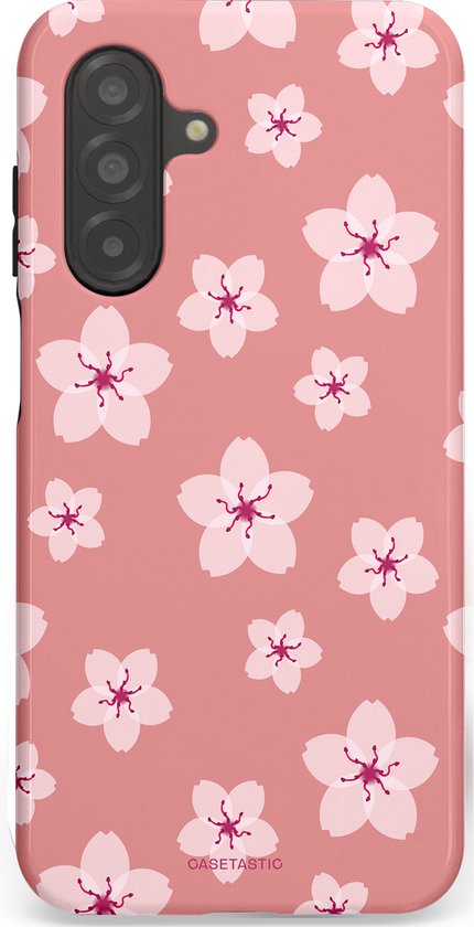 Roze telefoonhoesje met een patroon van witte en roze kersenbloesems.