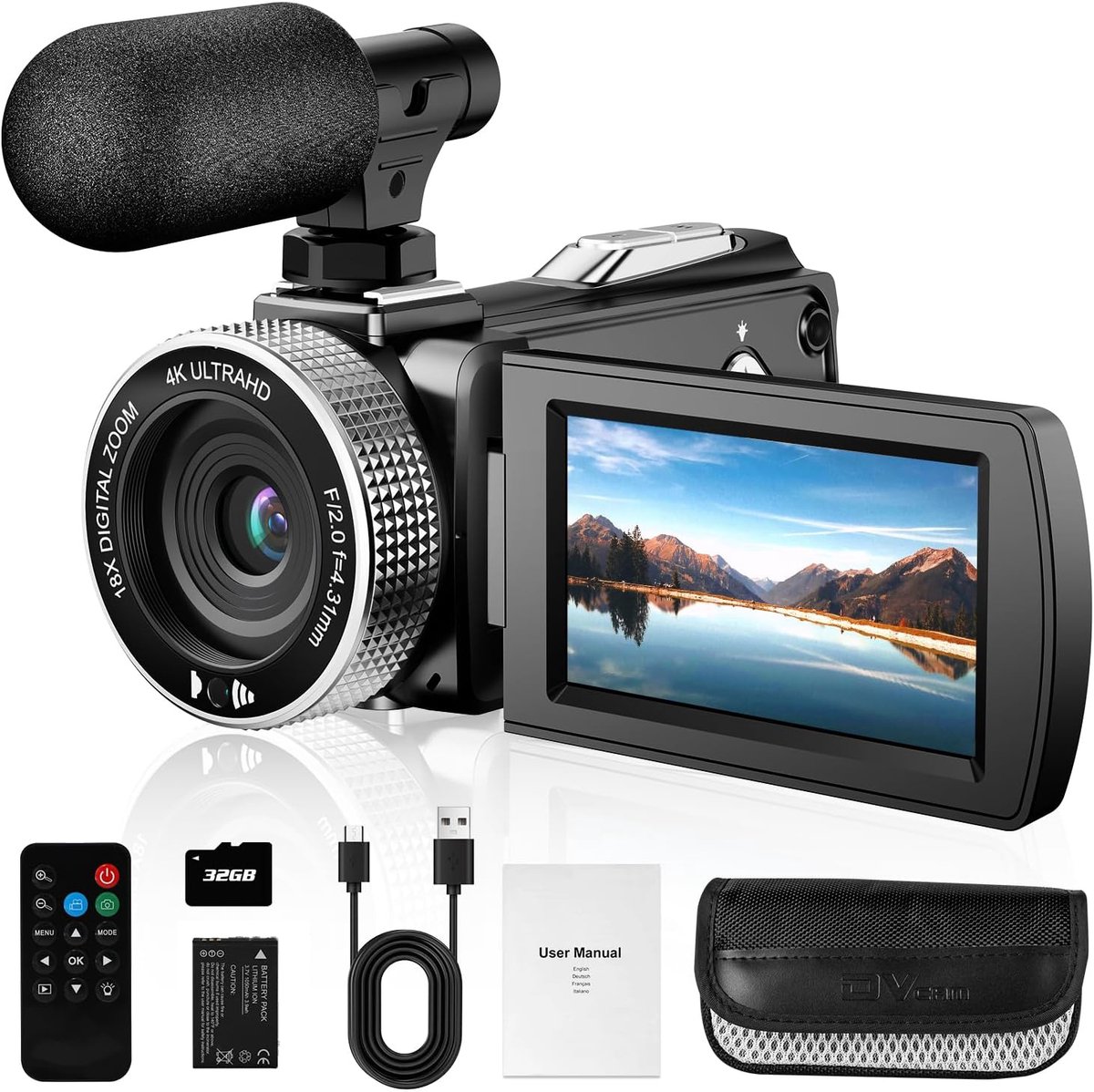 Digitale videocamera 4K, 48MP foto/4K 60FPS videorecorder, beginnende videocamcorder voor vloggen Youtube, met 1 batterijen/externe MIC/SD-kaart/afstandsbediening