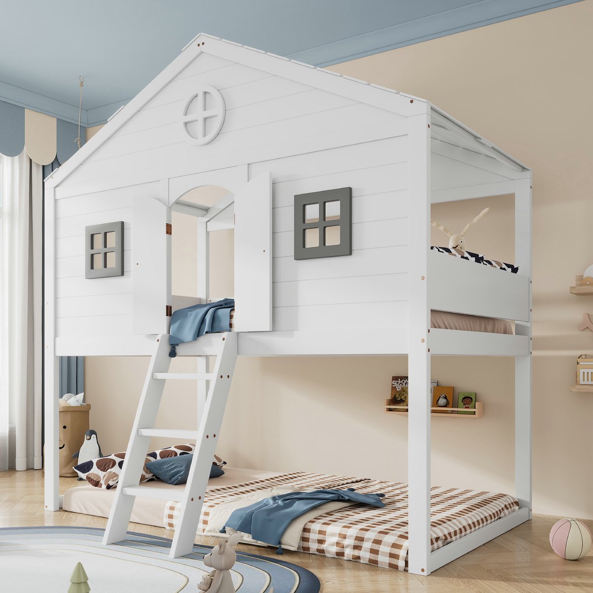 VVBV Learnlogic Huisbed, met trap, met valbeveiliging en leuning, twee grijze ramen, kinderbed met raam, vrij ontworpen basis, grenen frame, grenen + MDF, wit + grijs, 90x200cm